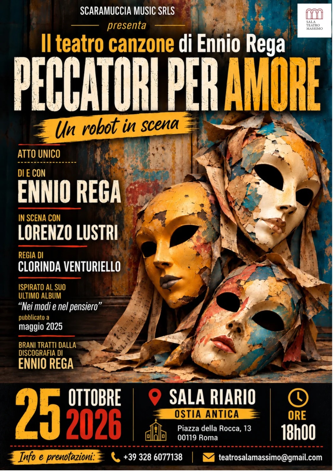 Locandina dello spettacolo di Ennio Rega "PECCATORI PER AMORE un robot in scena"